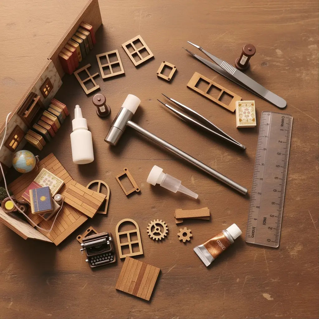 Outils de bricolage miniatures Biblinova – marteau DIY, pince, colle et pièces en bois pour montage de book nook.