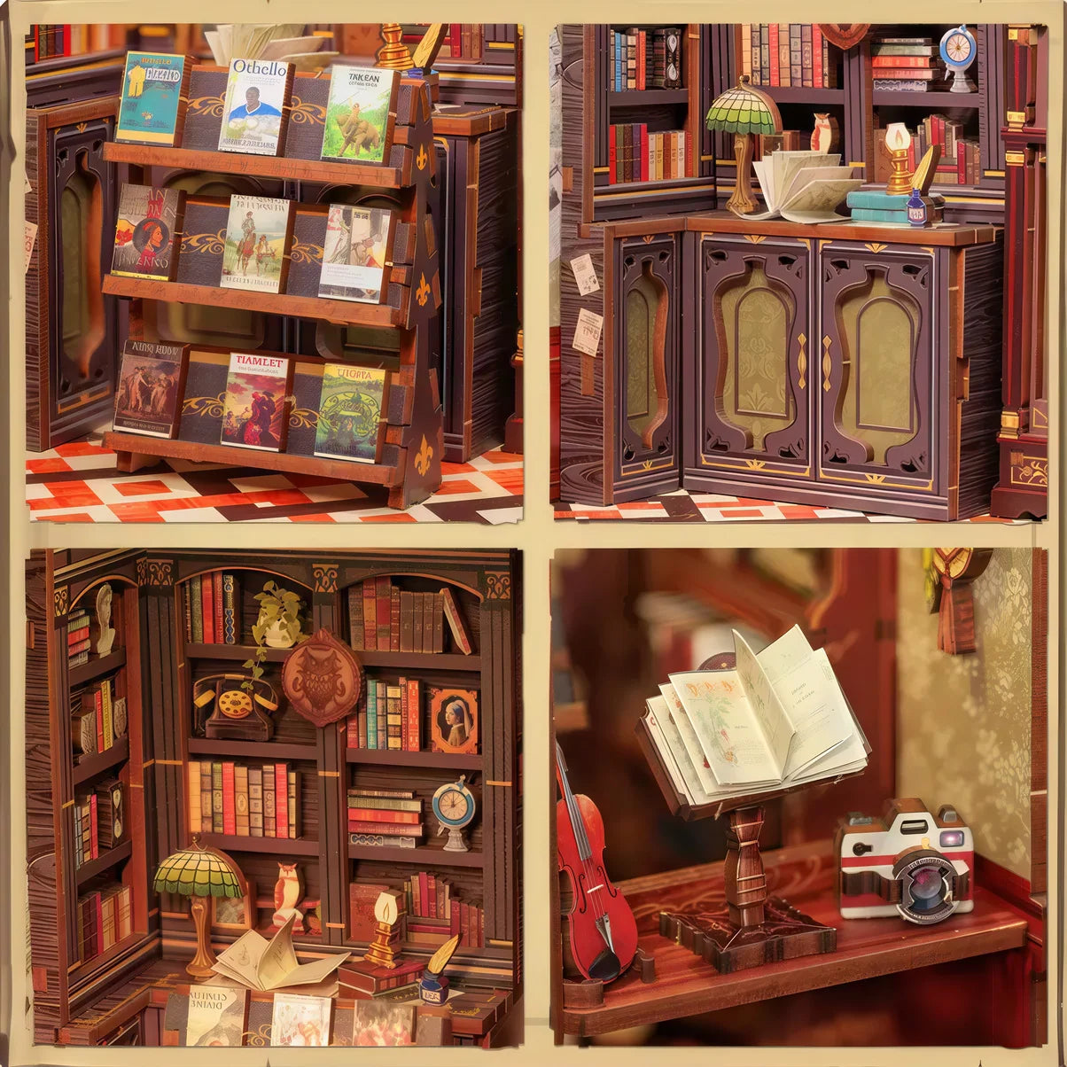 Détails du Book Nook Owl Bookstore – étagères miniatures, livres, violon et lampe rétro, kit DIY en bois pour création artisanale et détente.
