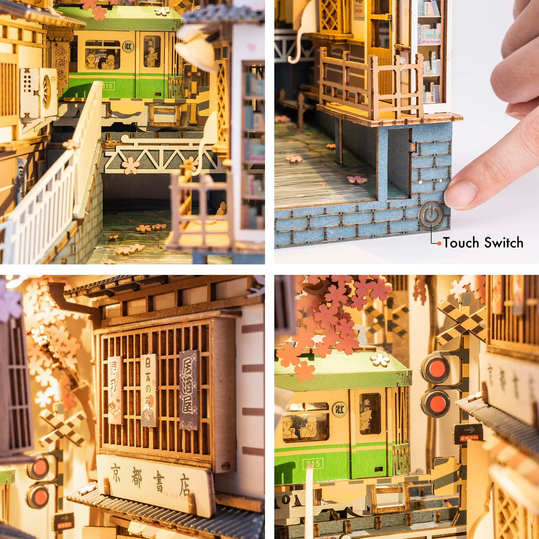 Maquette japonaise Sakura Densya – book nook DIY avec train vert et fleurs de sakura, décoration artisanale de bibliothèque.