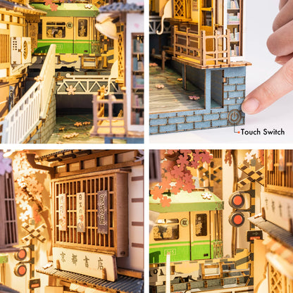 Maquette japonaise Sakura Densya – book nook DIY avec train vert et fleurs de sakura, décoration artisanale de bibliothèque.