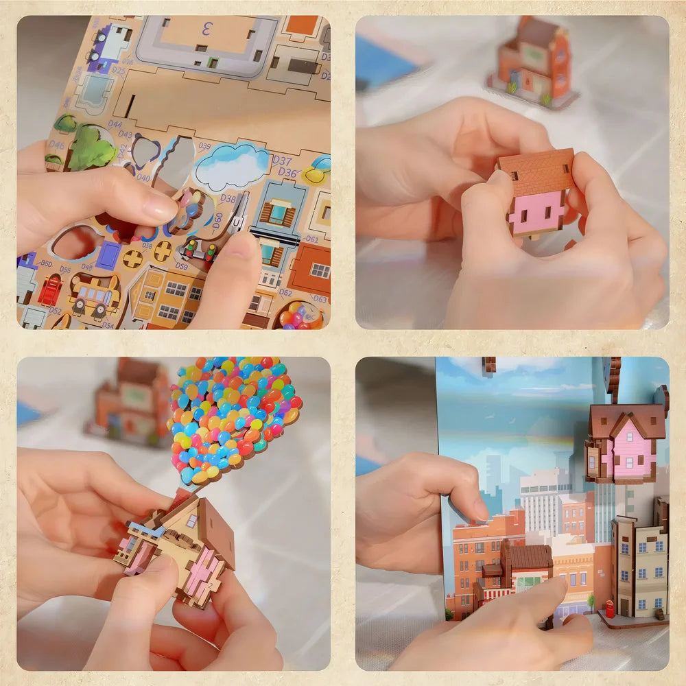 Kit DIY Travel With The World – montage facile d’un book nook miniature avec maison, ballons et nuages, parfait pour les amateurs de loisirs créatifs.