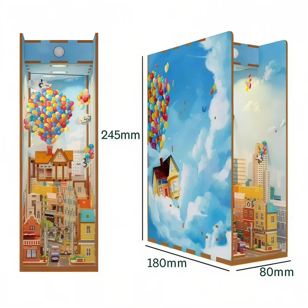 Book Nook Travel With The World – dimensions et détails de la maquette 3D en bois, maison volante avec ballons colorés et décor de ville miniature.