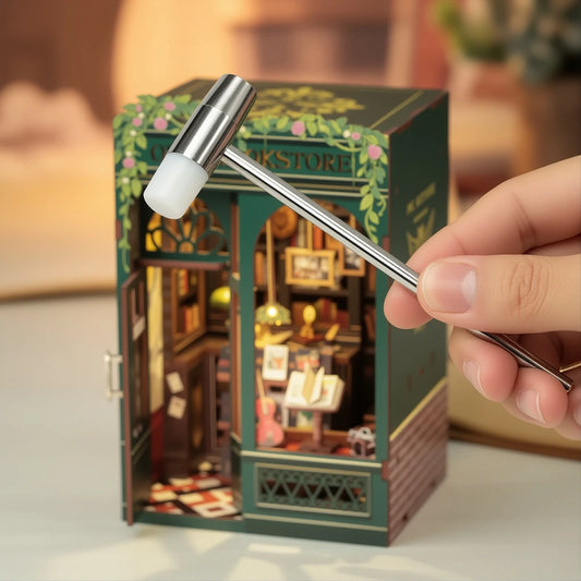 Mini marteau DIY utilisé pour l’assemblage d’un book nook en bois – outil de précision Biblinova.