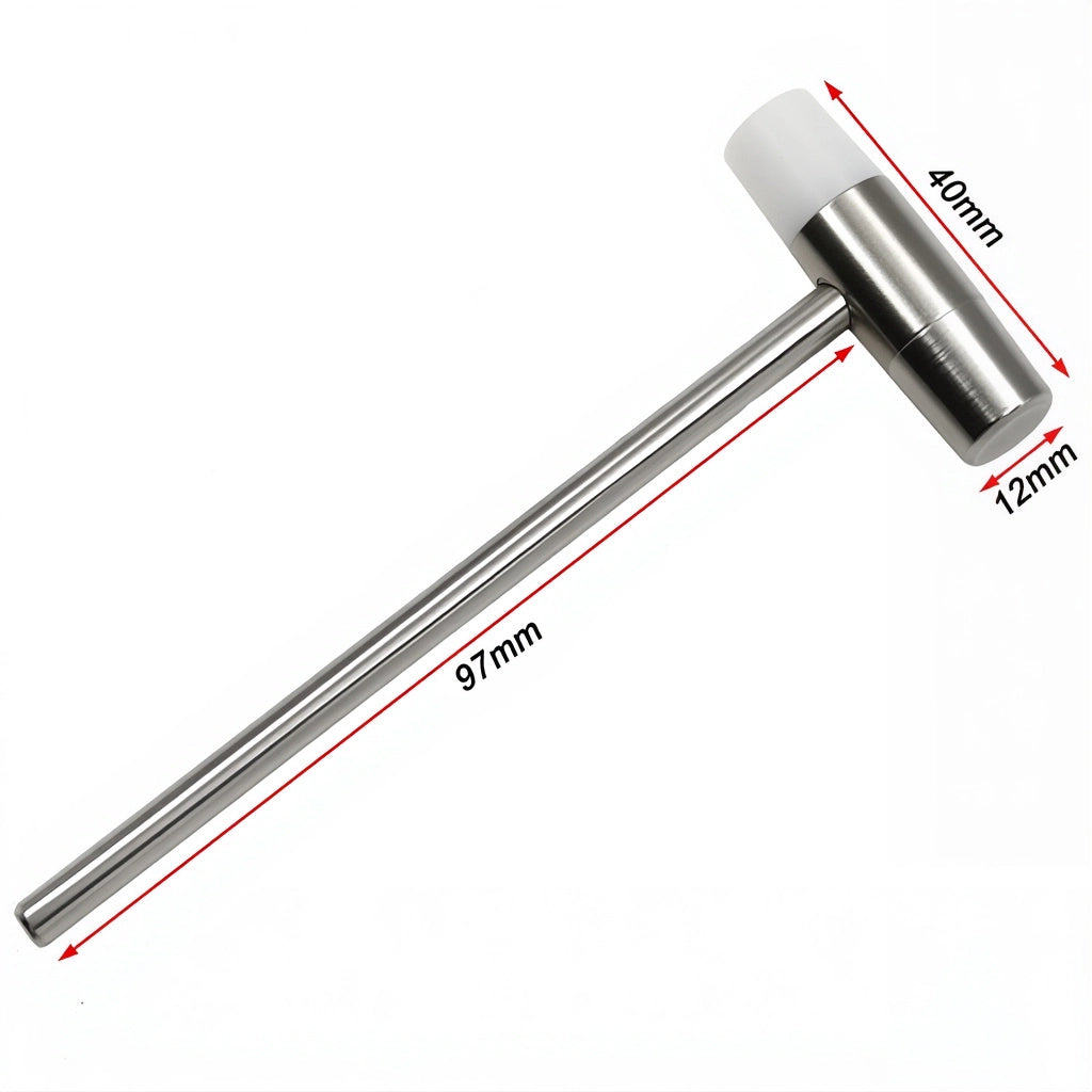 Petit marteau en acier inoxydable avec embouts en caoutchouc blanc pour maquettes et miniatures – dimensions détaillées.